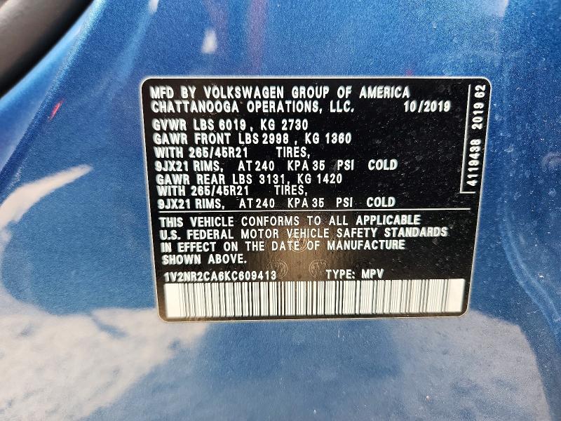 2019 Volkswagen Atlas მანქანა იყიდება აუქციონზე, vin: 1V2NR2CA6KC609413, აუქციონის ნომერი: 53099486