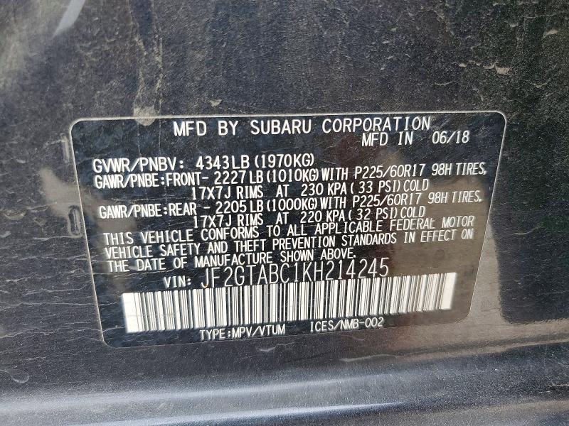 Aukcja sprzedaży 2019 Subaru Crosstrek, vin: JF2GTABC1KH214245, numer aukcji: 52121276