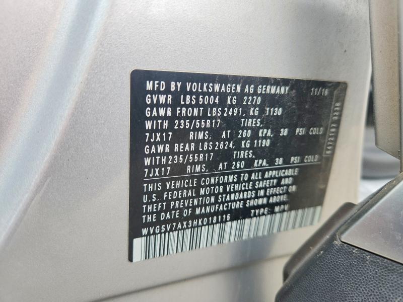 54139356 :رقم المزاد ، WVGSV7AX3HK018115 vin ، 2017 Volkswagen Tiguan مزاد بيع