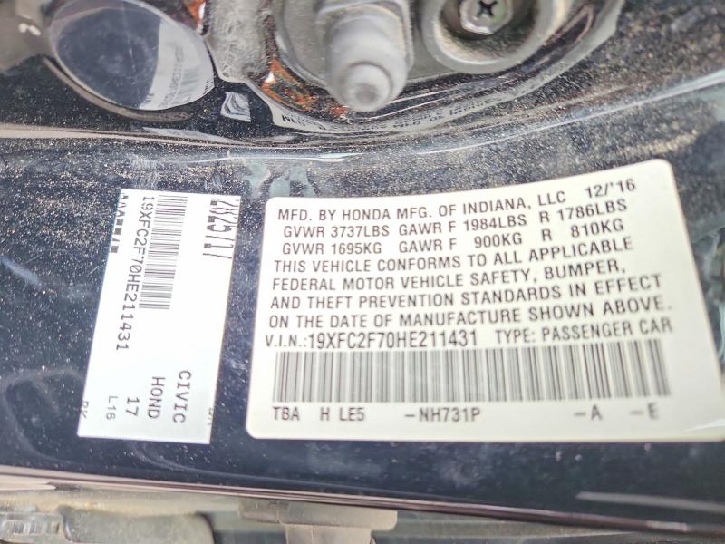 2017 Honda Civic მანქანა იყიდება აუქციონზე, vin: 19XFC2F70HE211431, აუქციონის ნომერი: 55174516