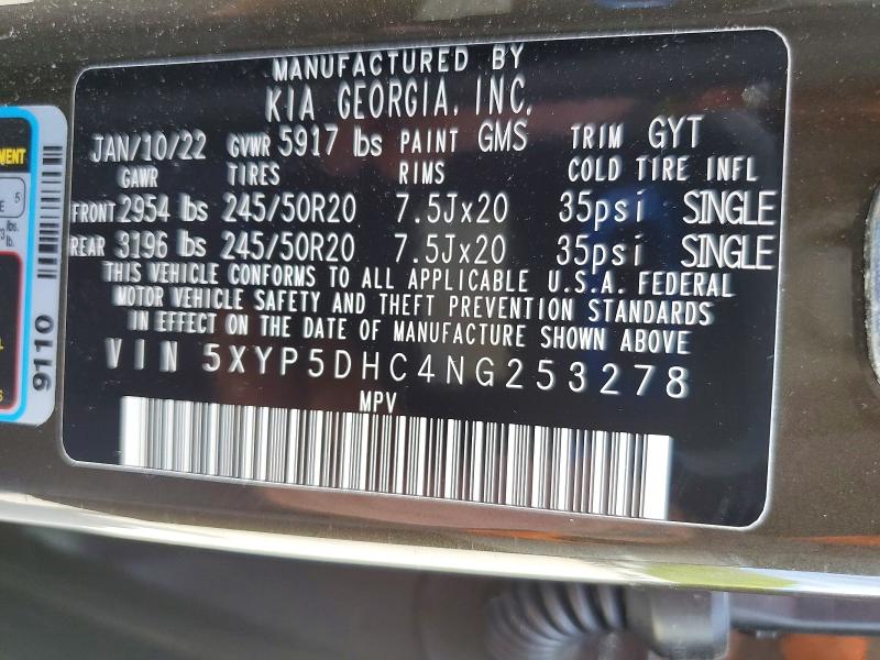 2022 Kia Telluride მანქანა იყიდება აუქციონზე, vin: 5XYP5DHC4NG253278, აუქციონის ნომერი: 53359336