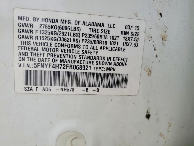 Aukcja sprzedaży 2015 Honda Pilot, vin: 5FNYF4H72FB068921, numer aukcji: 54194876