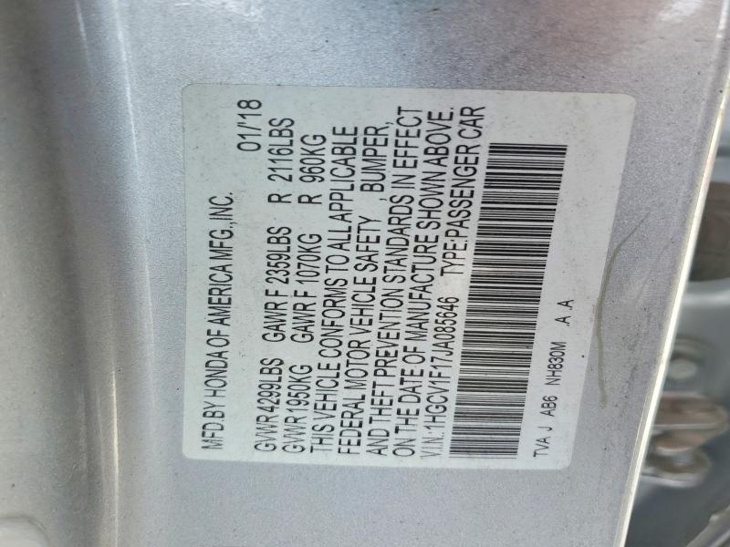 Продажа на аукционе авто 2018 Honda Accord, vin: 1HGCV1F17JA085646, номер лота: 52807886