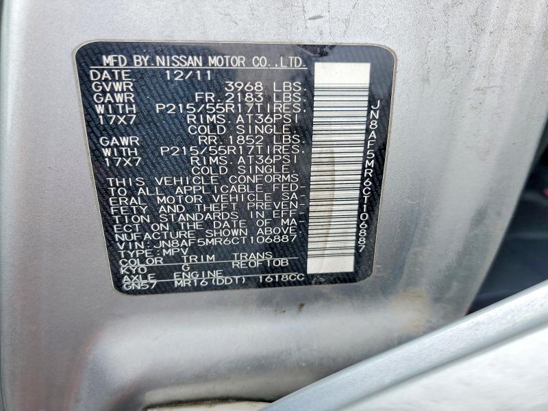 53323656 :رقم المزاد ، JN8AF5MR6CT106887 vin ، 2012 Nissan Juke مزاد بيع