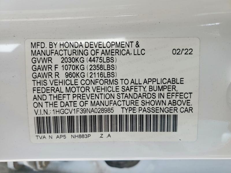 Aukcja sprzedaży 2022 Honda Accord, vin: 1HGCV1F39NA028985, numer aukcji: 52824726