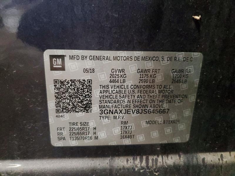 Aukcja sprzedaży 2018 Chevrolet Equinox, vin: 3GNAXJEV8JS645667, numer aukcji: 50921256