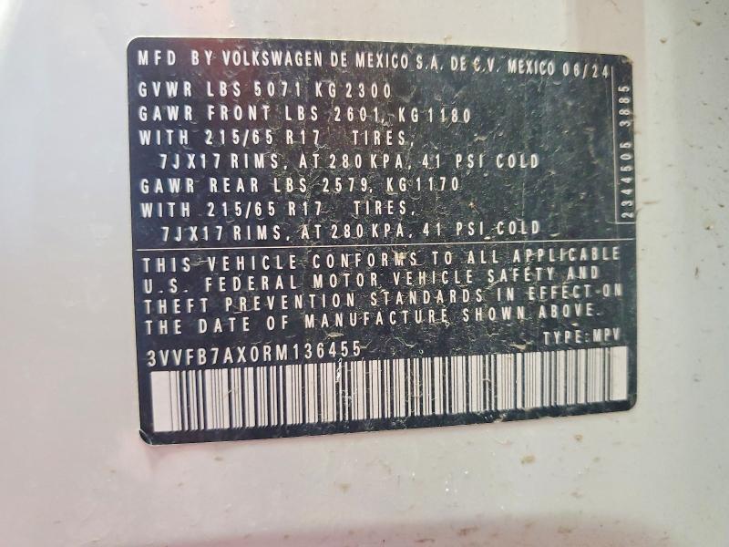 Aukcja sprzedaży 2024 Volkswagen Tiguan, vin: 3VVFB7AX0RM136455, numer aukcji: 53423866