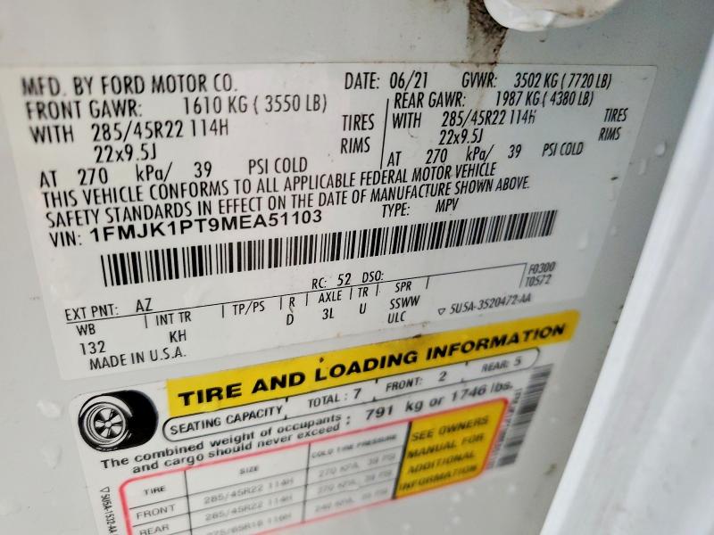 2021 Ford Expedition მანქანა იყიდება აუქციონზე, vin: 1FMJK1PT9MEA51103, აუქციონის ნომერი: 54508246