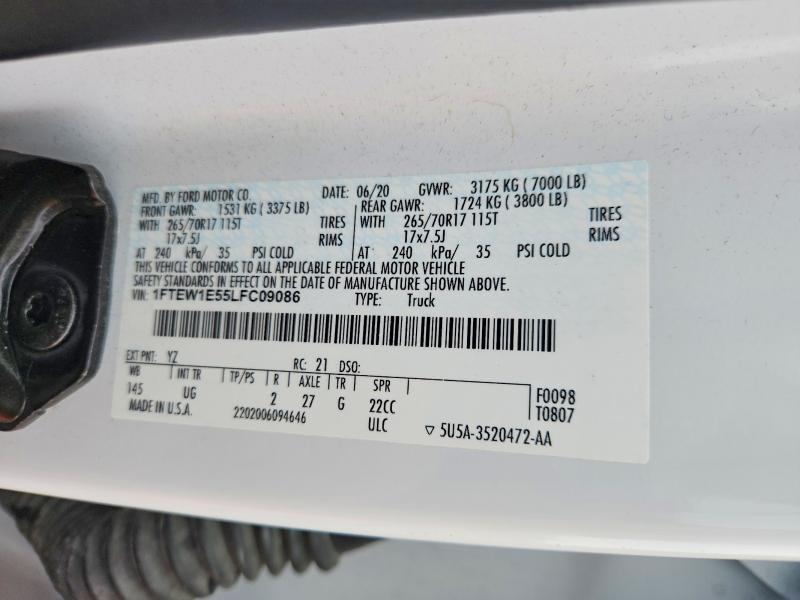 2020 Ford F150 მანქანა იყიდება აუქციონზე, vin: 1FTEW1E55LFC09086, აუქციონის ნომერი: 53552876