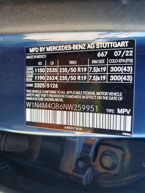 53240756 :رقم المزاد ، W1N4M4GB6NW259951 vin ، 2022 Mercedes-benz Glb مزاد بيع