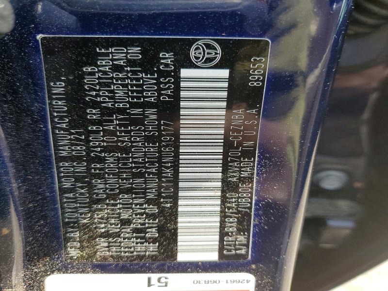 2022 Toyota Camry მანქანა იყიდება აუქციონზე, vin: 4T1C11AK4NU619177, აუქციონის ნომერი: 52903676