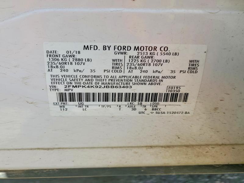 Продаж на аукціоні авто 2018 Ford Edge, vin: 2FMPK4K92JBB63403, номер лоту: 52256116