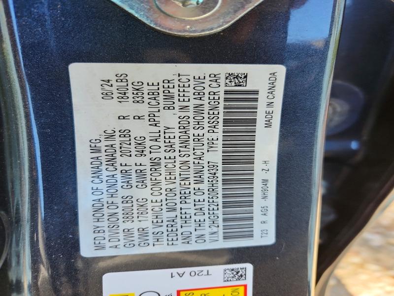 2024 Honda Civic მანქანა იყიდება აუქციონზე, vin: 2HGFE2F50RH594397, აუქციონის ნომერი: 53376646