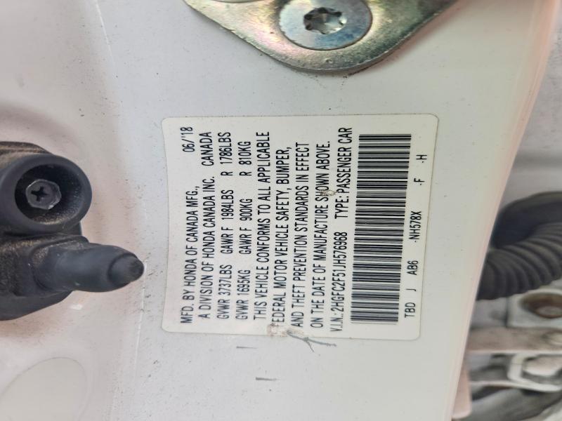 Продаж на аукціоні авто 2018 Honda Civic, vin: 2HGFC2F51JH576968, номер лоту: 54989686