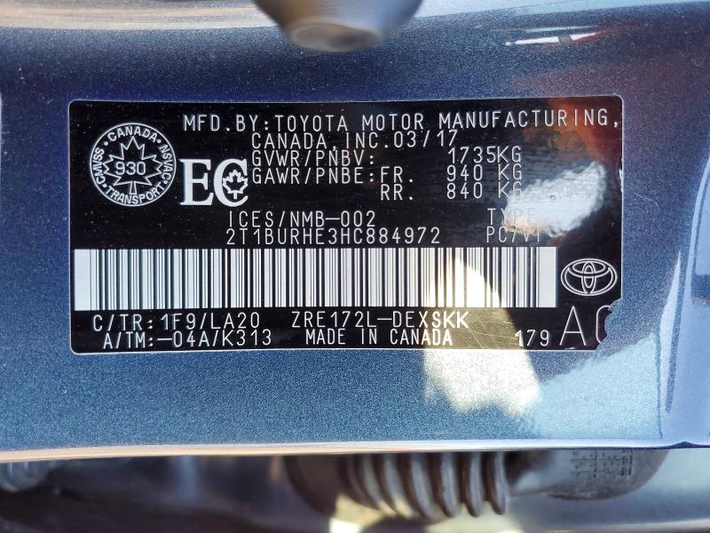 52718616 :رقم المزاد ، 2T1BURHE3HC884972 vin ، 2017 Toyota Corolla مزاد بيع