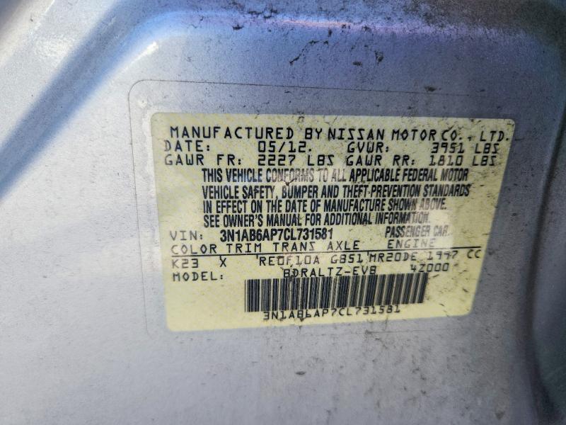 Aukcja sprzedaży 2012 Nissan Sentra, vin: 3N1AB6AP7CL731581, numer aukcji: 52074526