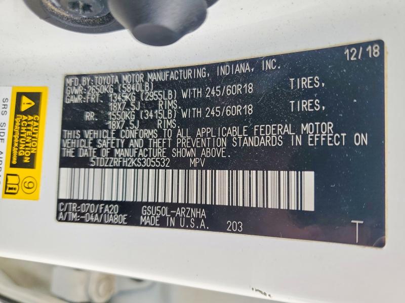 51036236 :رقم المزاد ، 5TDZZRFH2KS305532 vin ، 2019 Toyota Highlander مزاد بيع