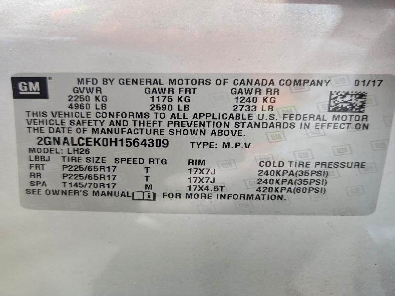 2017 Chevrolet Equinox მანქანა იყიდება აუქციონზე, vin: 2GNALCEK0H1564309, აუქციონის ნომერი: 52644726