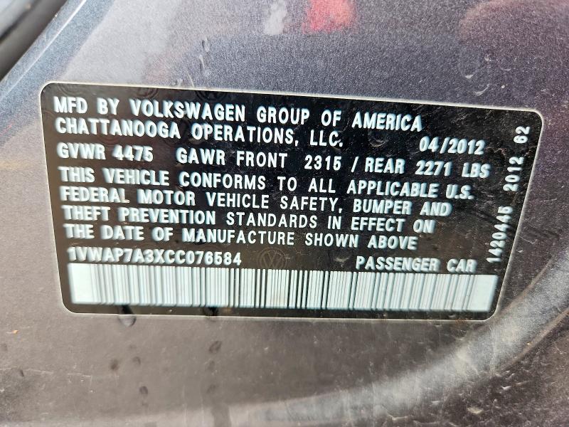 52060086 :رقم المزاد ، 1VWAP7A3XCC076584 vin ، 2012 Volkswagen Passat مزاد بيع
