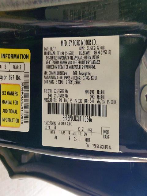 Продажа на аукционе авто 2018 Ford Fusion, vin: 3FA6P0LUXJR110646, номер лота: 52438806