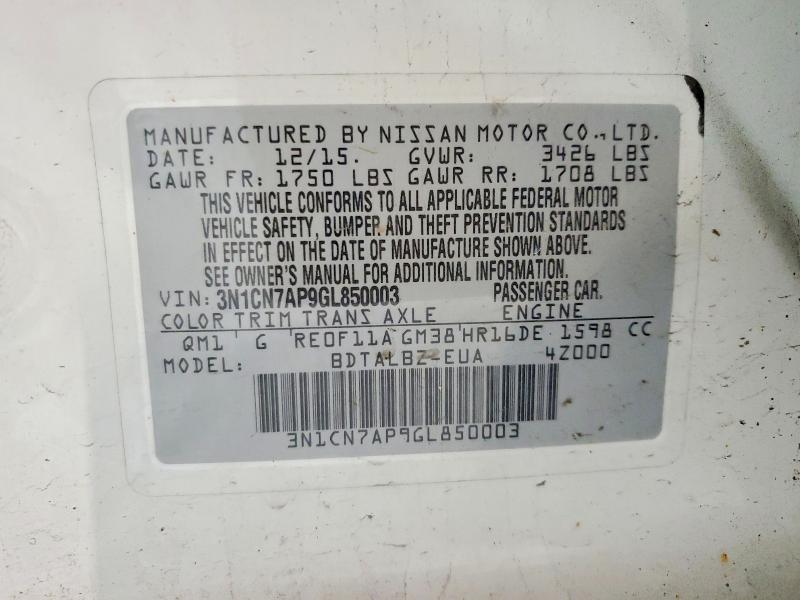 54396456 :رقم المزاد ، 3N1CN7AP9GL850003 vin ، 2016 Nissan Versa مزاد بيع