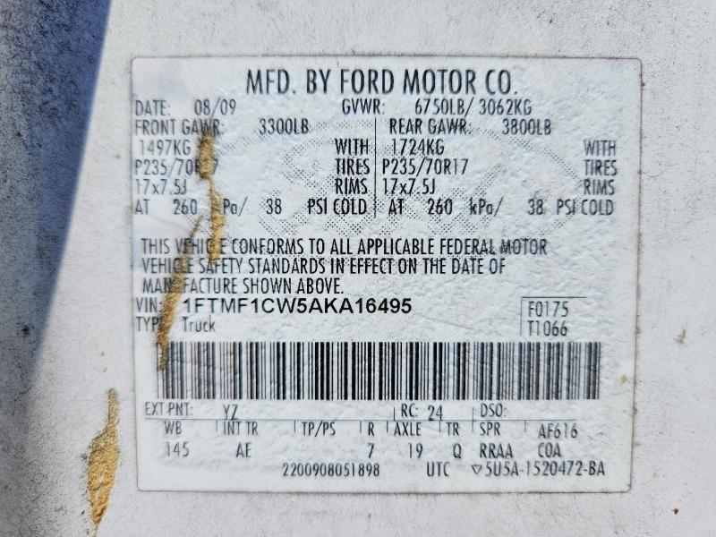 2010 Ford F150 მანქანა იყიდება აუქციონზე, vin: 1FTMF1CW5AKA16495, აუქციონის ნომერი: 52495706