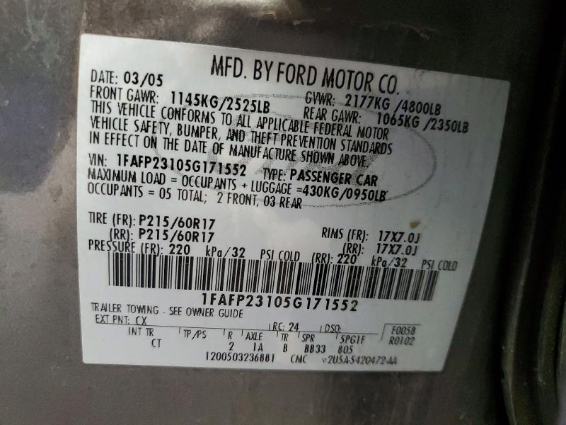 Aukcja sprzedaży 2005 Ford Five Hundred, vin: 1FAFP23105G171552, numer aukcji: 55372536