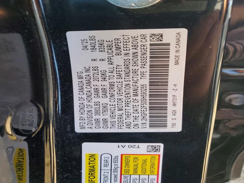 2025 Honda Civic მანქანა იყიდება აუქციონზე, vin: 2HGFE2F50SH593255, აუქციონის ნომერი: 53281626