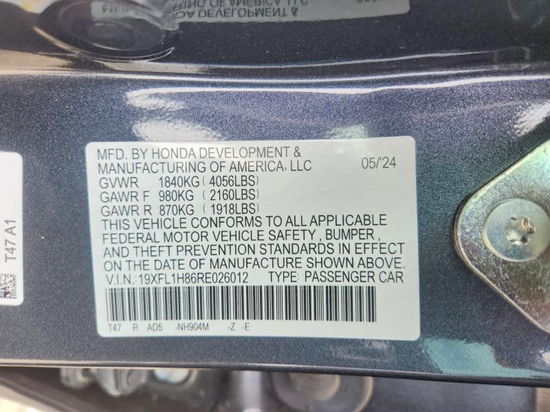 Продажа на аукционе авто 2024 Honda Civic, vin: 19XFL1H86RE026012, номер лота: 52423996