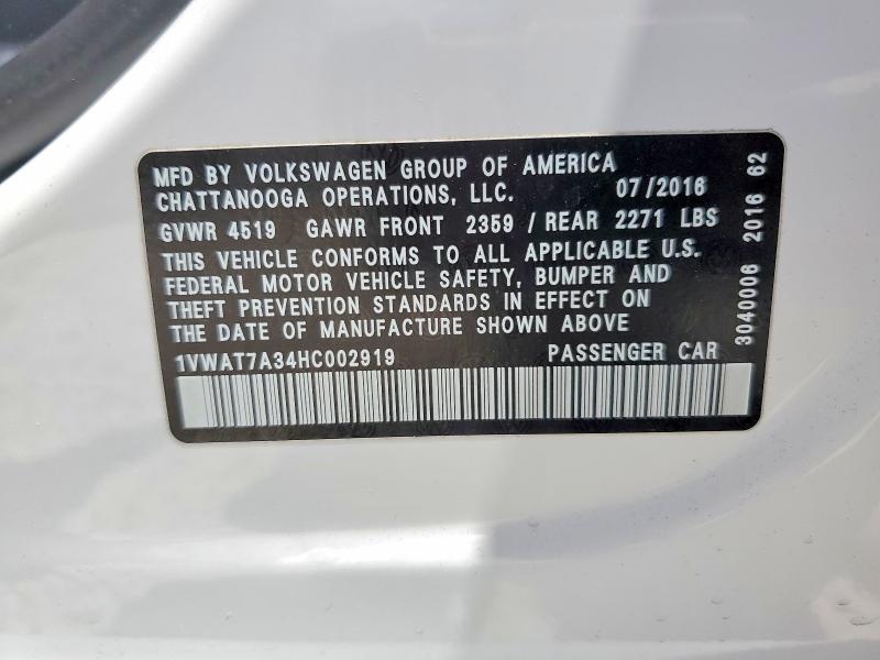 Продажа на аукционе авто 2017 Volkswagen Passat, vin: 1VWAT7A34HC002919, номер лота: 52783066