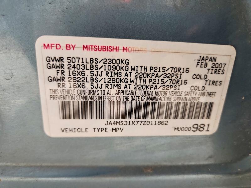 54397806 :رقم المزاد ، JA4MS31X77Z011862 vin ، 2007 Mitsubishi Outlander مزاد بيع