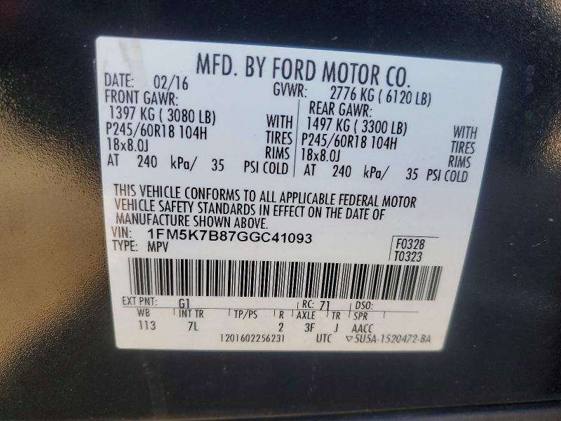 52727666 :رقم المزاد ، 1FM5K7B87GGC41093 vin ، 2016 Ford Explorer مزاد بيع