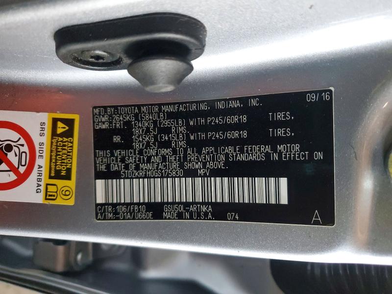 52697316 :رقم المزاد ، 5TDZKRFH0GS175830 vin ، 2016 Toyota Highlander مزاد بيع
