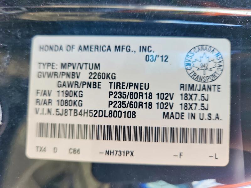 50115686 :رقم المزاد ، 5J8TB4H52DL800108 vin ، 2013 Acura Rdx مزاد بيع