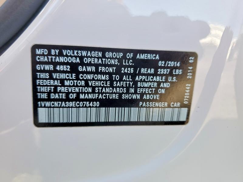 53061076 :رقم المزاد ، 1VWCN7A39EC075430 vin ، 2014 Volkswagen Passat مزاد بيع