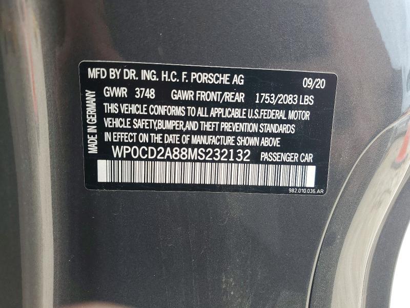 55018196 :رقم المزاد ، WP0CD2A88MS232132 vin ، 2021 Porsche Boxster مزاد بيع