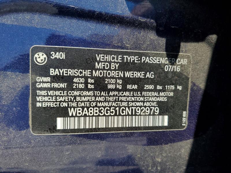 Продаж на аукціоні авто 2016 Bmw 340, vin: WBA8B3G51GNT92979, номер лоту: 53656166