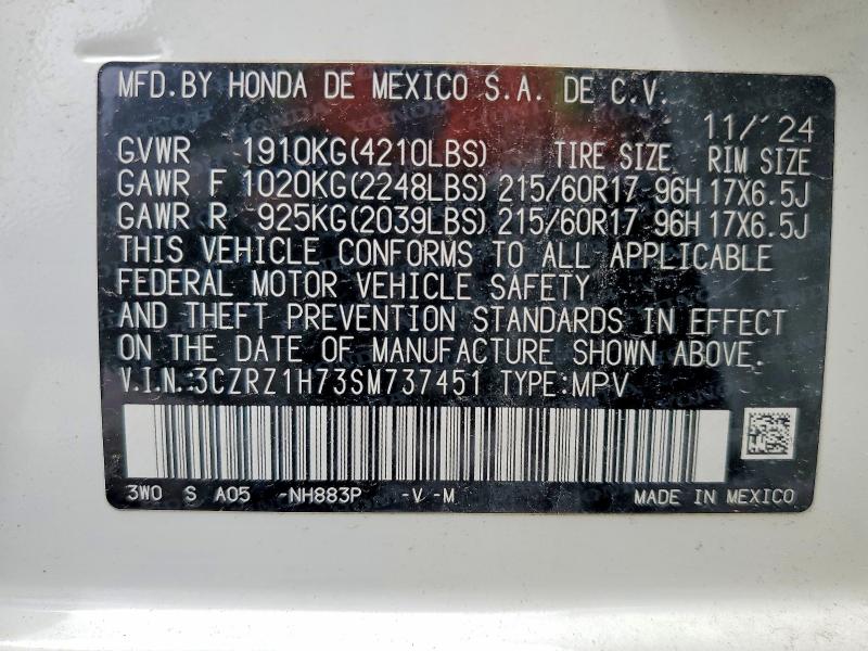 2025 Honda Hr-v მანქანა იყიდება აუქციონზე, vin: 3CZRZ1H73SM737451, აუქციონის ნომერი: 48693056