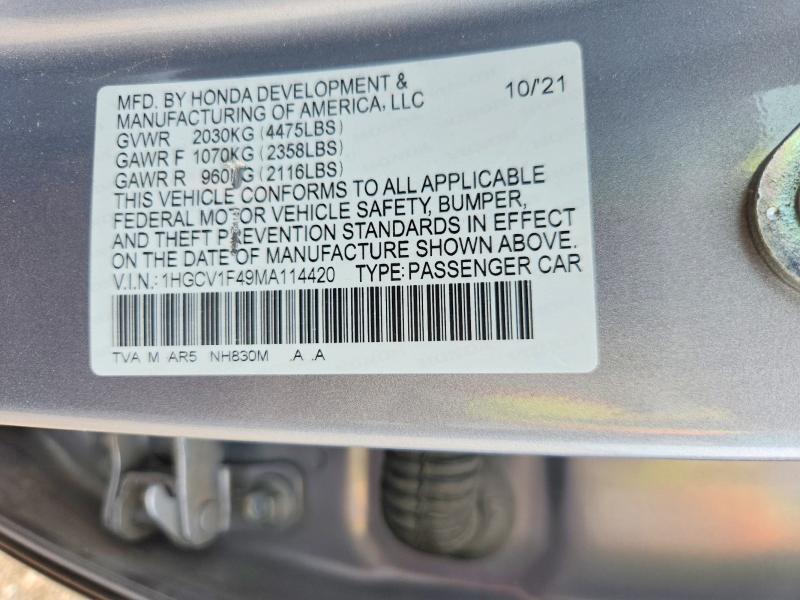 Продажа на аукционе авто 2021 Honda Accord, vin: 1HGCV1F49MA114420, номер лота: 55197996