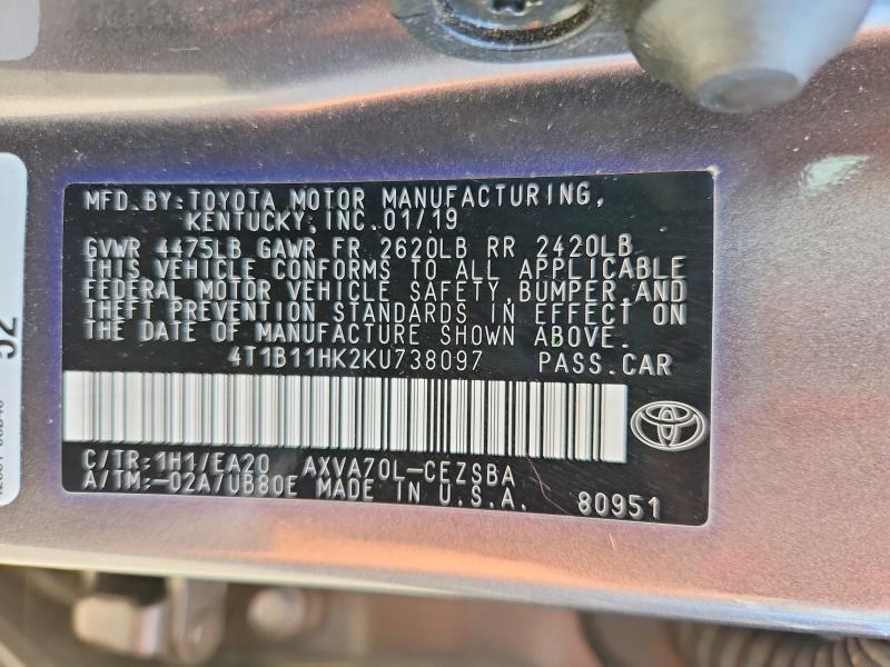 Продаж на аукціоні авто 2019 Toyota Camry, vin: 4T1B11HK2KU738097, номер лоту: 52231436