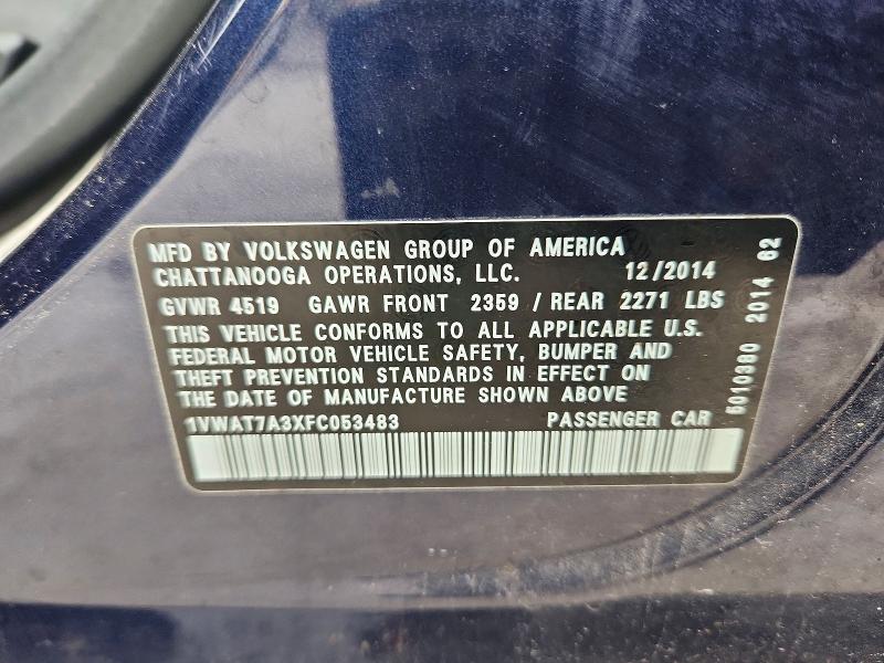 52191626 :رقم المزاد ، 1VWAT7A3XFC053483 vin ، 2015 Volkswagen Passat مزاد بيع