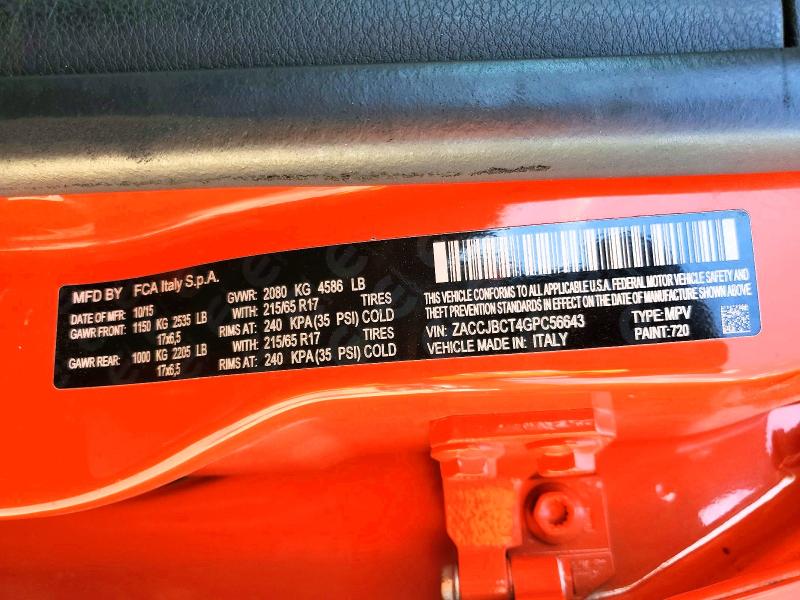 Продажа на аукционе авто 2016 Jeep Renegade, vin: ZACCJBCT4GPC56643, номер лота: 54204606