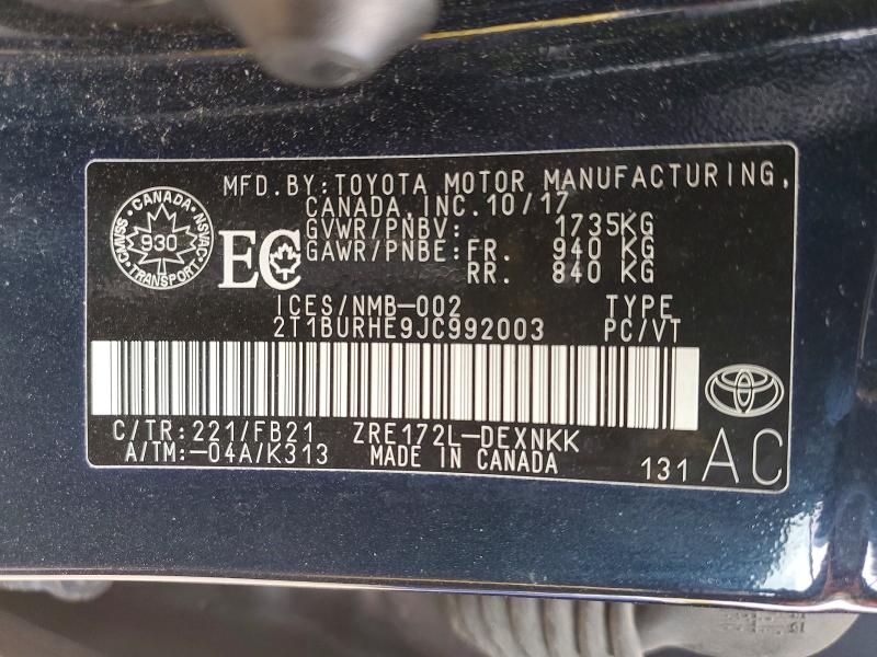 2018 Toyota Corolla მანქანა იყიდება აუქციონზე, vin: 2T1BURHE9JC992003, აუქციონის ნომერი: 53257946