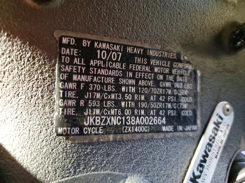 2008 Kawasaki Zx1400 მანქანა იყიდება აუქციონზე, vin: JKBZXNC138A002664, აუქციონის ნომერი: 53773096