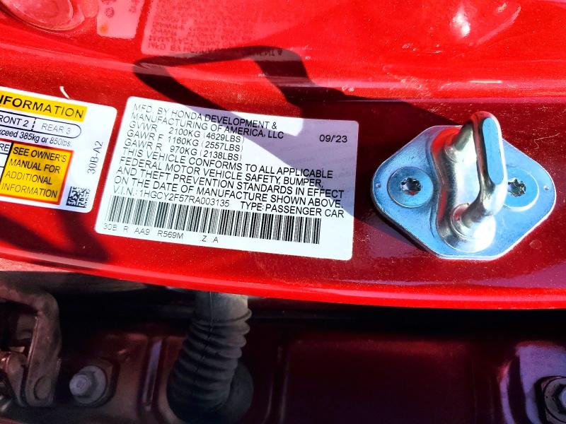 55033226 :رقم المزاد ، 1HGCY2F57RA003135 vin ، 2024 Honda Accord مزاد بيع