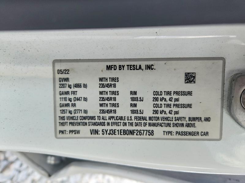 54539136 :رقم المزاد ، 5YJ3E1EB0NF267758 vin ، 2022 Tesla Model 3 مزاد بيع