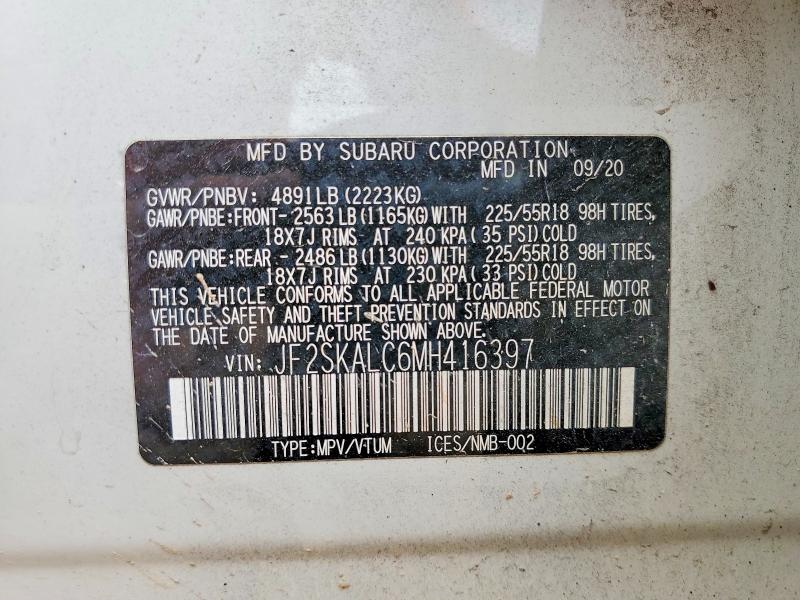 52825326 :رقم المزاد ، JF2SKALC6MH416397 vin ، 2021 Subaru Forester مزاد بيع