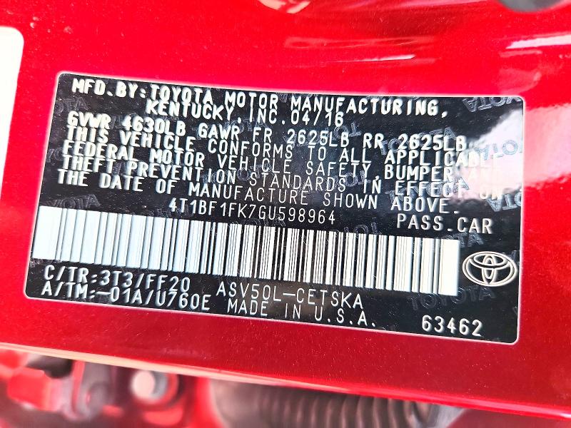 2016 Toyota Camry მანქანა იყიდება აუქციონზე, vin: 4T1BF1FK7GU598964, აუქციონის ნომერი: 54089506