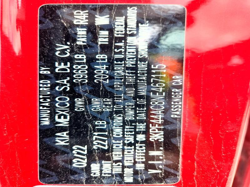2022 Kia Forte მანქანა იყიდება აუქციონზე, vin: 3KPF44AC8NE467115, აუქციონის ნომერი: 52761036