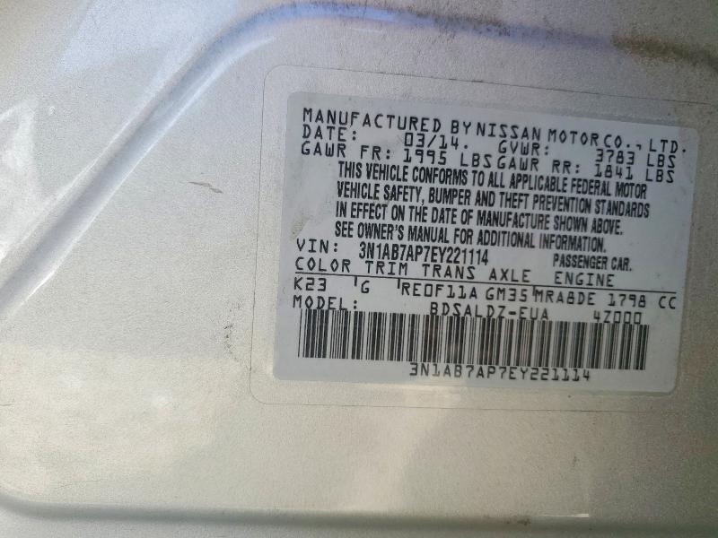 2014 Nissan Sentra მანქანა იყიდება აუქციონზე, vin: 3N1AB7AP7EY221114, აუქციონის ნომერი: 53792406